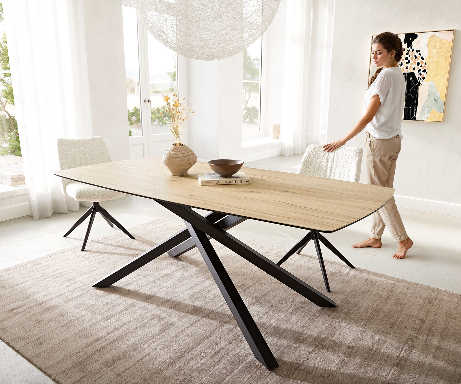 Eetkamertafel Edge Boot 200x100 keramiek Laminam® Sabbia eiken kleur kruisframe rechthoek zwart 6 Eetkamertafel Edge Boot 200x100 keramiek Laminam® Sabbia eiken kleur kruisframe rechthoek zwart 6