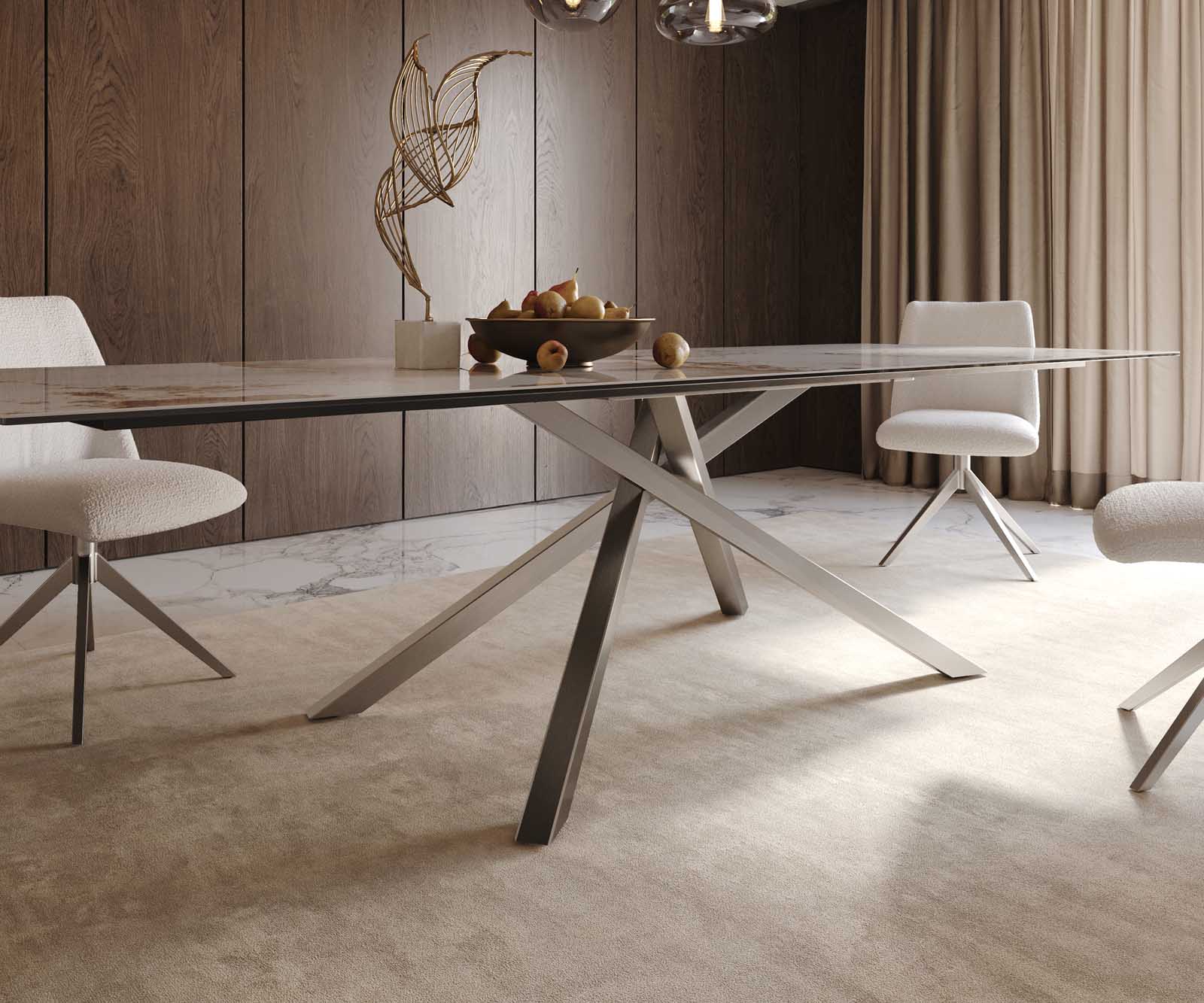 Eetkamertafel Edge 300x100 keramiek Minas Melange wit-beige kruisframe rechthoek RVS 7