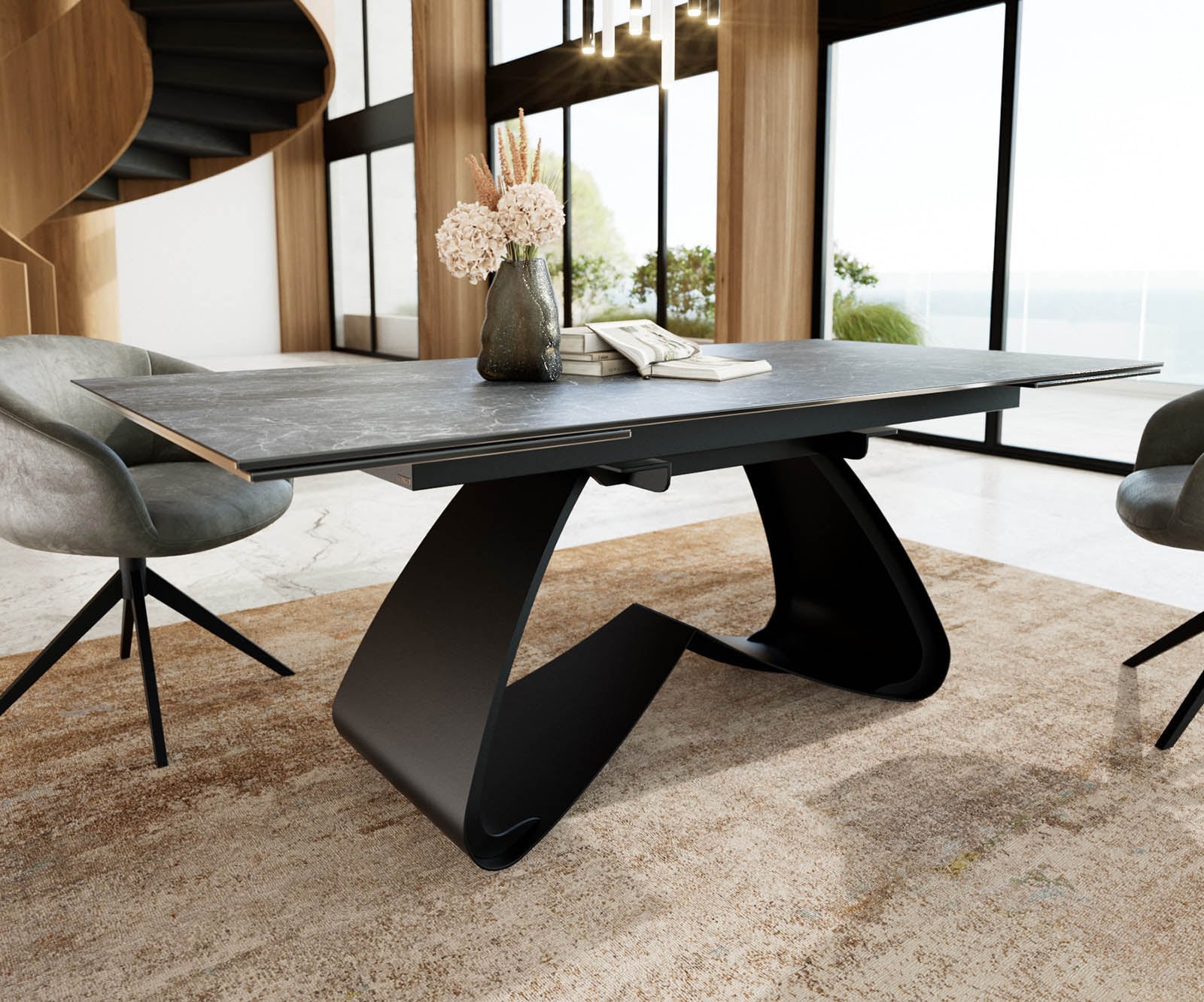 Eetkamertafel Edge 200-300x100 keramiek Laminam®Nero Greco grijs W-frame zwart uitschuifbaar 4