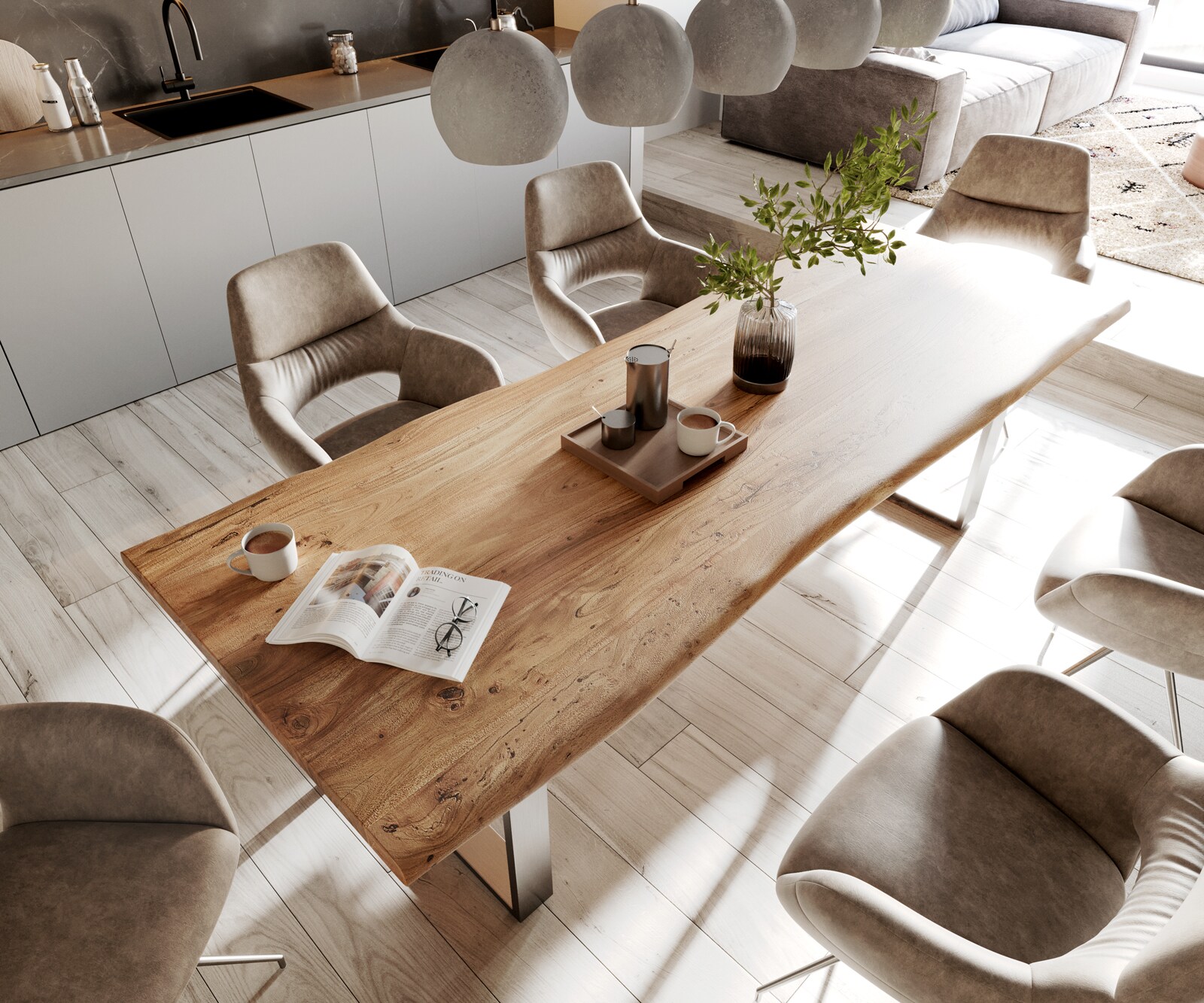 Eettafel Edge 260x100 acacia natuur roestvrijstaal smal Live-Edge 3