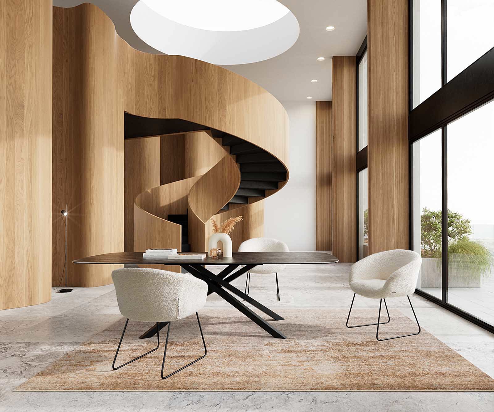 Eetkamerstoel Vinka-Flex met armleuning bouclé wit slipframe zwart pocketveer kern 3 Eetkamerstoel Vinka-Flex met armleuning bouclé wit slipframe zwart pocketveer kern 3