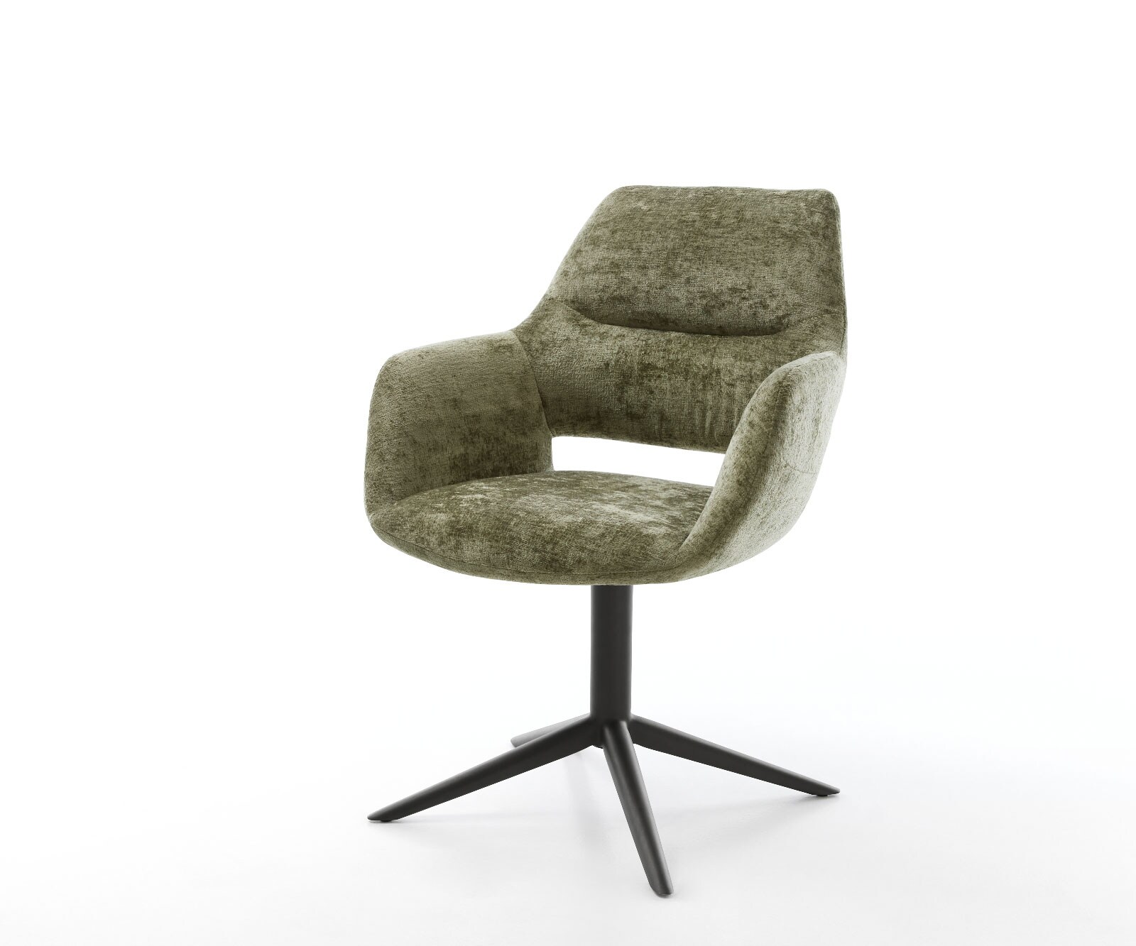 Draaistoel Yago-Flex met armleuning chenille olijfgroen kruispoot zwart 360° draaibaar rocker-functie pocketveer kern