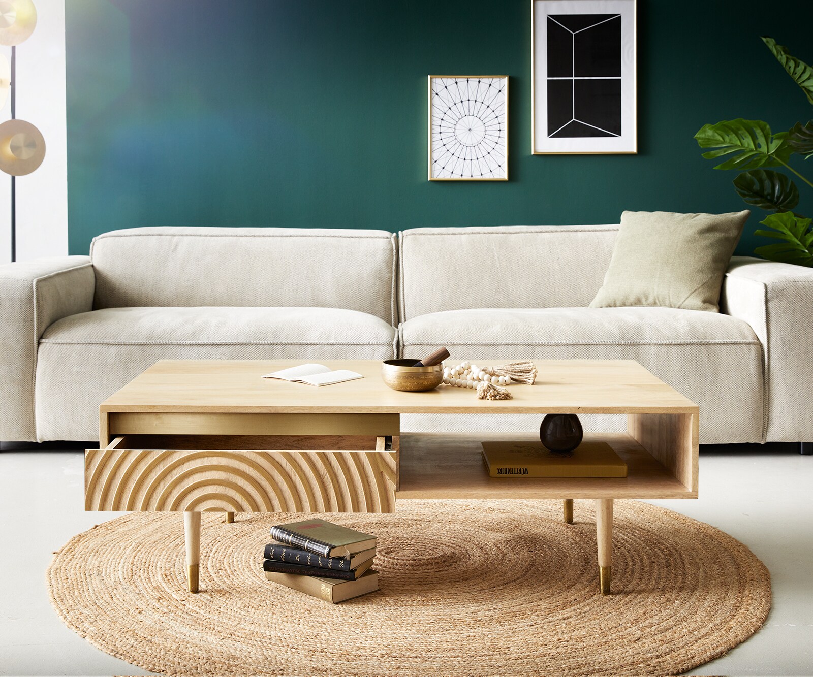 Salontafel Budaya mango natuur 115x60 cm 2 laden 1 plank poot rond 4