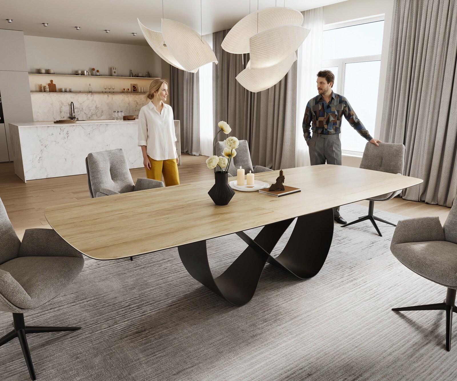 Eettafel Edge Boot 240-300x120 cm Keramiek Laminam® Sabbia Eichefarbig Infinity Metaal Zwart uitschuifbaar 1