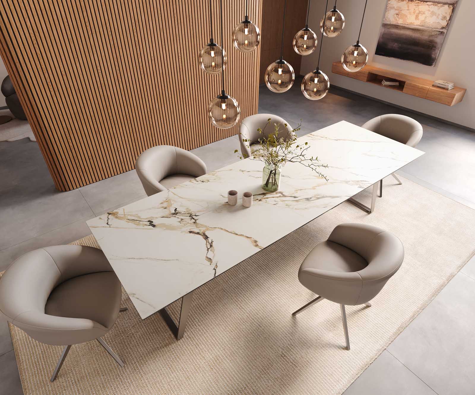 Eetkamertafel Edge 300x100 keramiek Calacatta Luxe wit-goud-grijs RVS schuin 5 Eetkamertafel Edge 300x100 keramiek Calacatta Luxe wit-goud-grijs RVS schuin 5