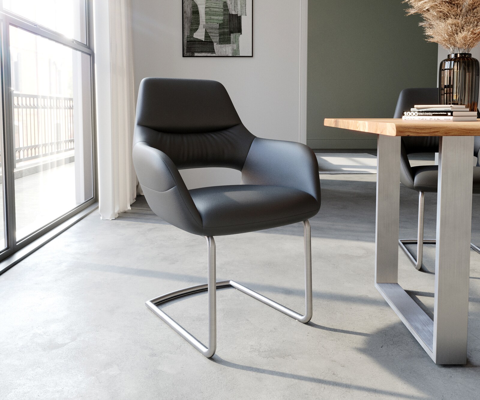 Sledemodel Yago-Flex met armleuning echt leer zwart sledemodel rond roestvrij staal pocketveer kern Sledemodel Yago-Flex met armleuning echt leer zwart sledemodel rond roestvrij staal pocketveer kern