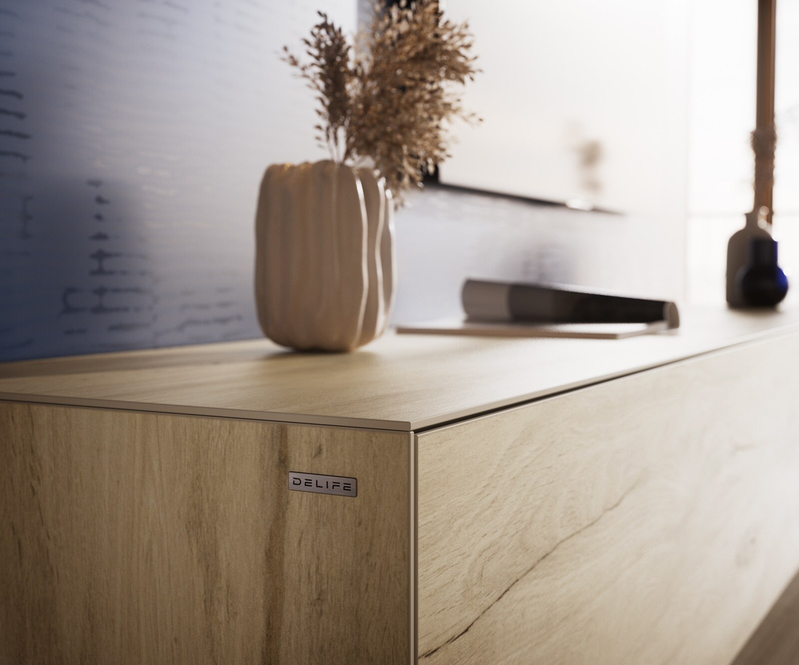 Tv-meubel Cuor 180 cm Keramiek Laminam® Sabbia Eiken gekleurd 1 Flap 2 Laden Zwevende voet look Roestvrij staal 7