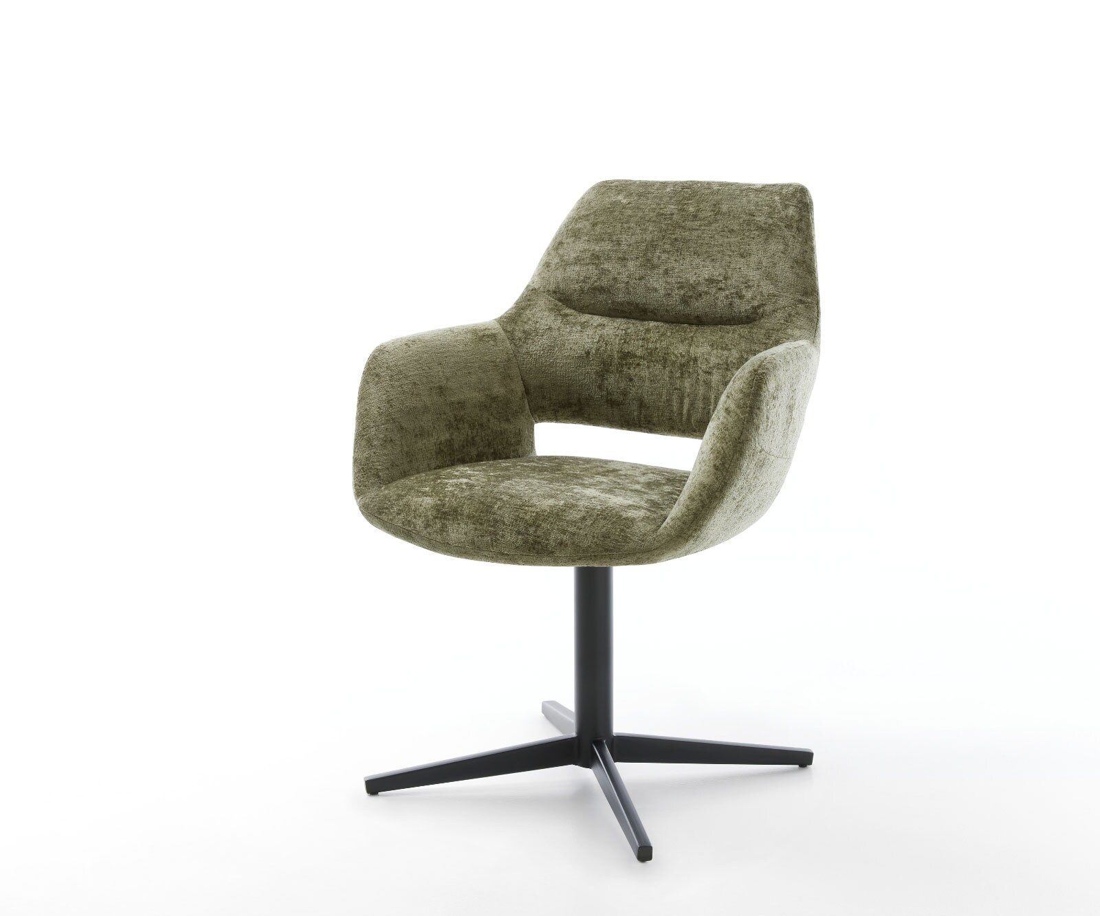 Draaistoel Yago-Flex met armleuning chenille olijfgroen kruispoot zwart 360° draaibaar pocketveer kern