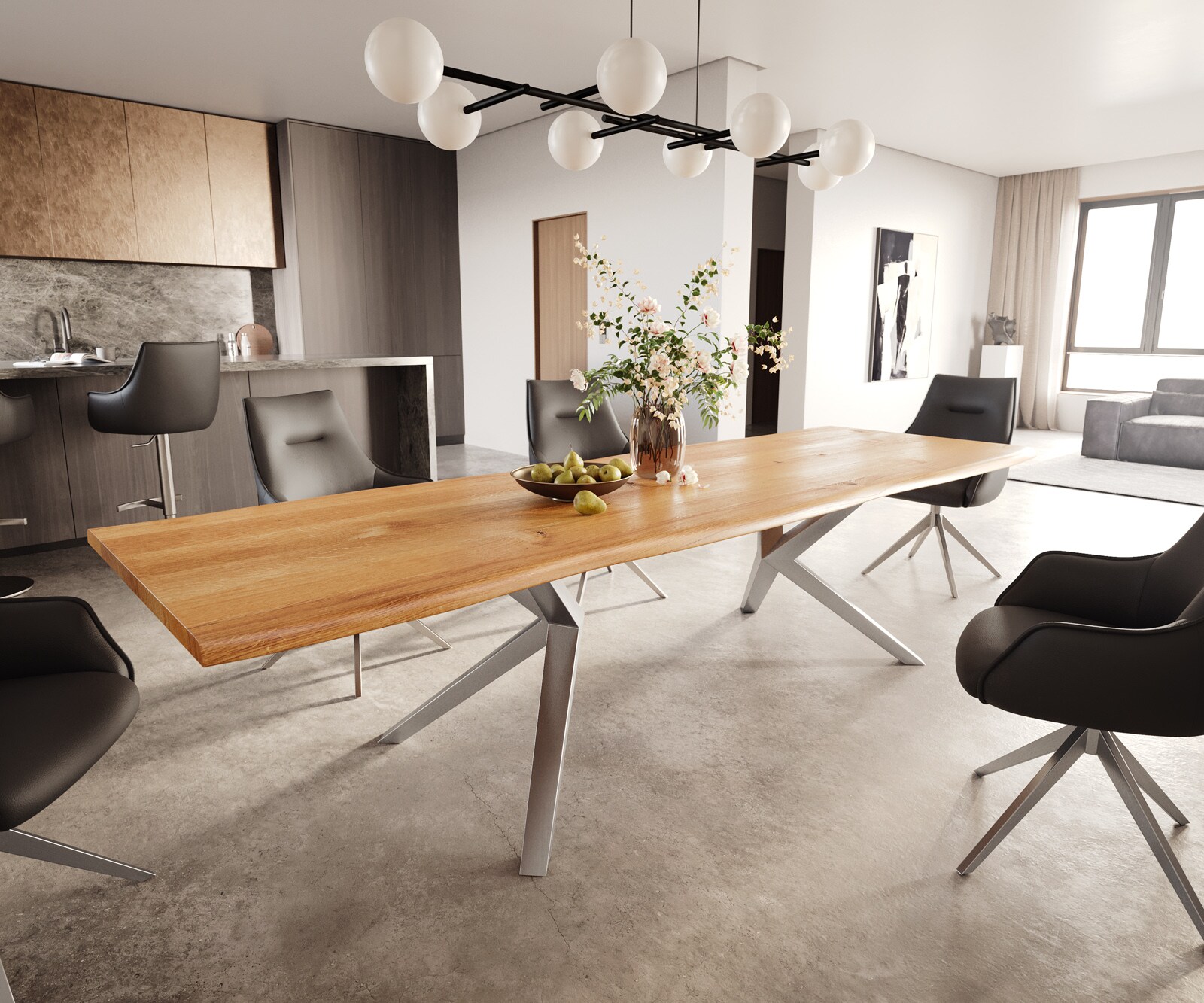 Eettafel Edge 300x100x4 eiken natuur Zenthara kantig RVS Live-Edge