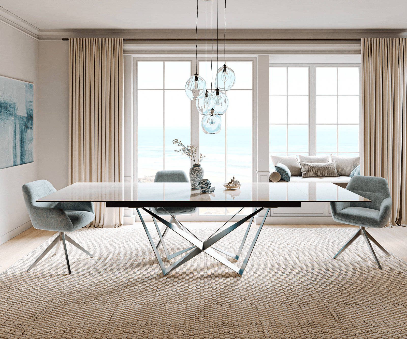 Eettafel Edge 200-300x100 cm keramiek Onyx Champagne Spider plat staal roestvrij staal uittrekbaar 2