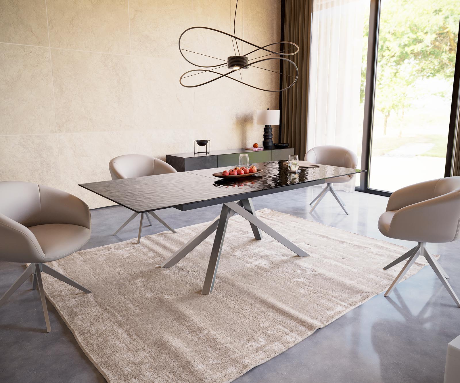 Eetkamertafel Edge 180-220x100 Glas smelten rokerig zwart 3D-Relief kruisframe rechthoek RVS uitschuifbaar 5 Eetkamertafel Edge 180-220x100 Glas smelten rokerig zwart 3D-Relief kruisframe rechthoek RVS uitschuifbaar 5