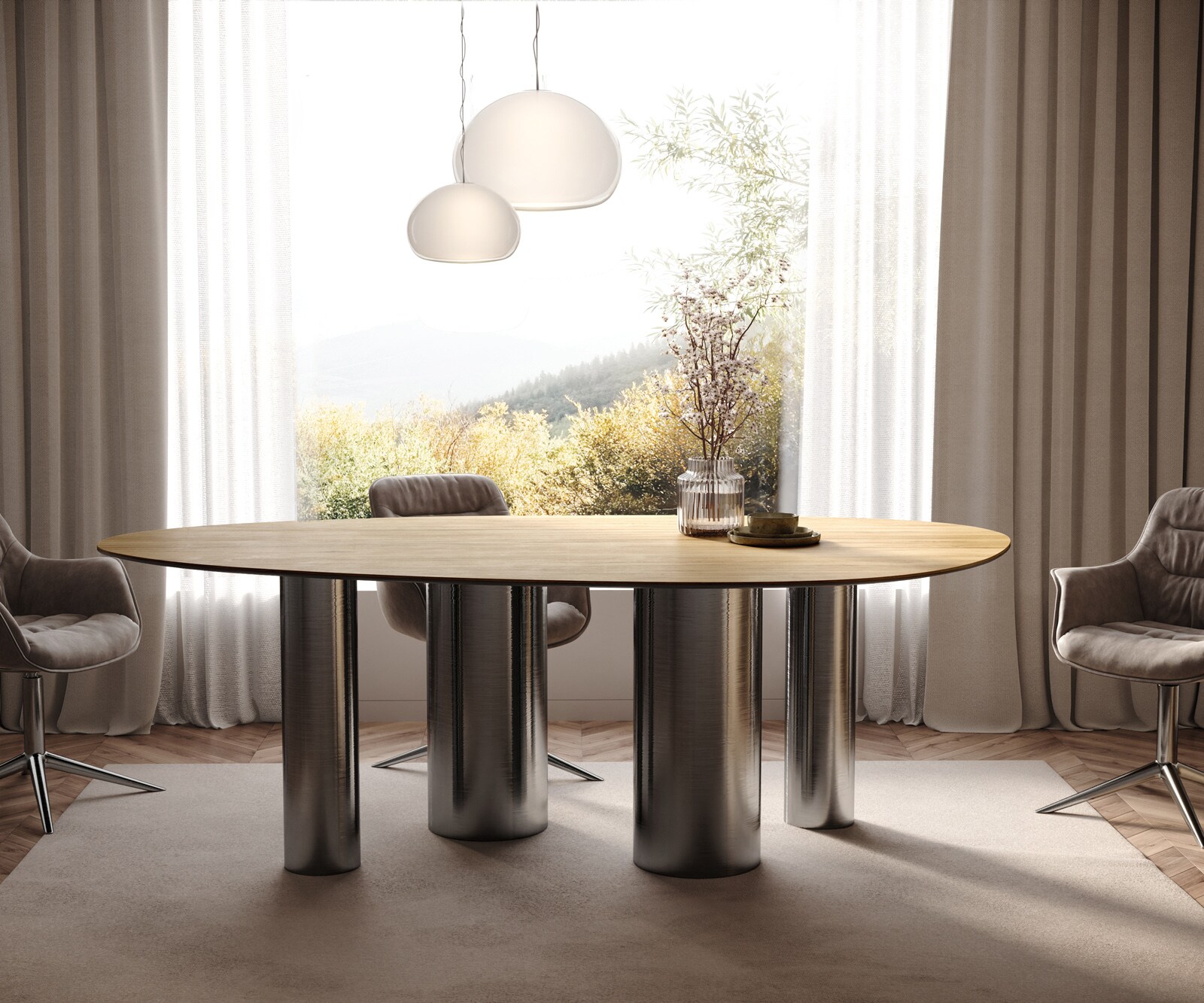 Eetkamertafel Edge ovaal 220x120 keramiek Laminam® Sabbia eiken kleur Pilier roestvrij staal grafiet 1