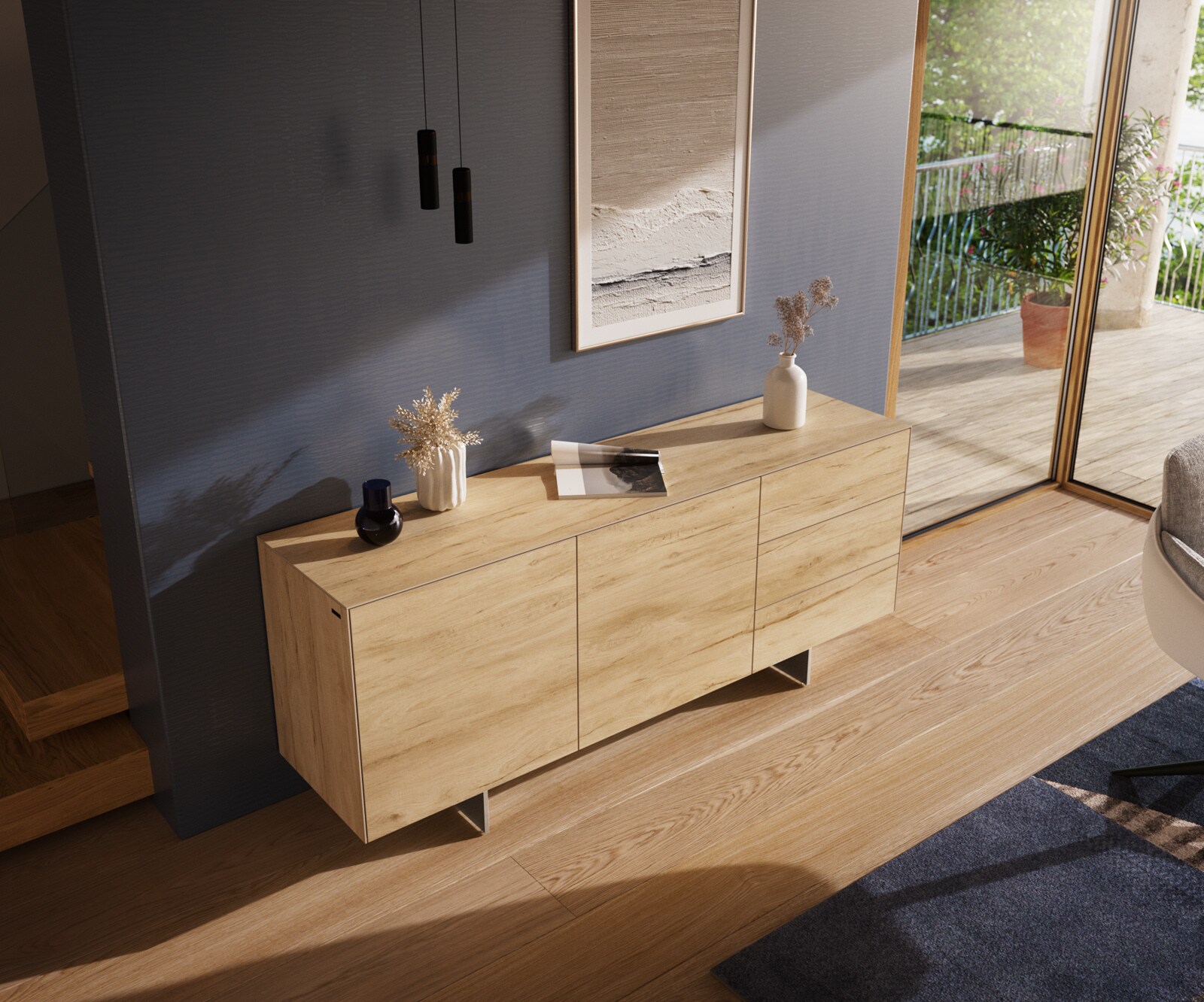 Dressoir Cuor 180 cm Keramiek Laminam® Sabbia Eiken gekleurd 2 Deuren 3 Laden Zwevende voet look Roestvrij staal 4