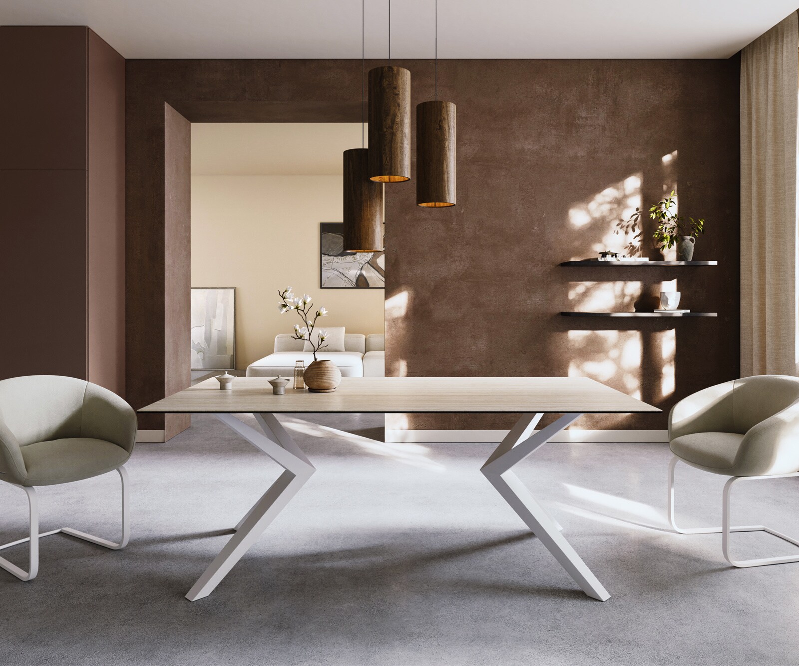Eettafel Edge 200x100 keramiek  Laminam® Travertino Bianco Creme-wit Zenthara kantig metaal wit