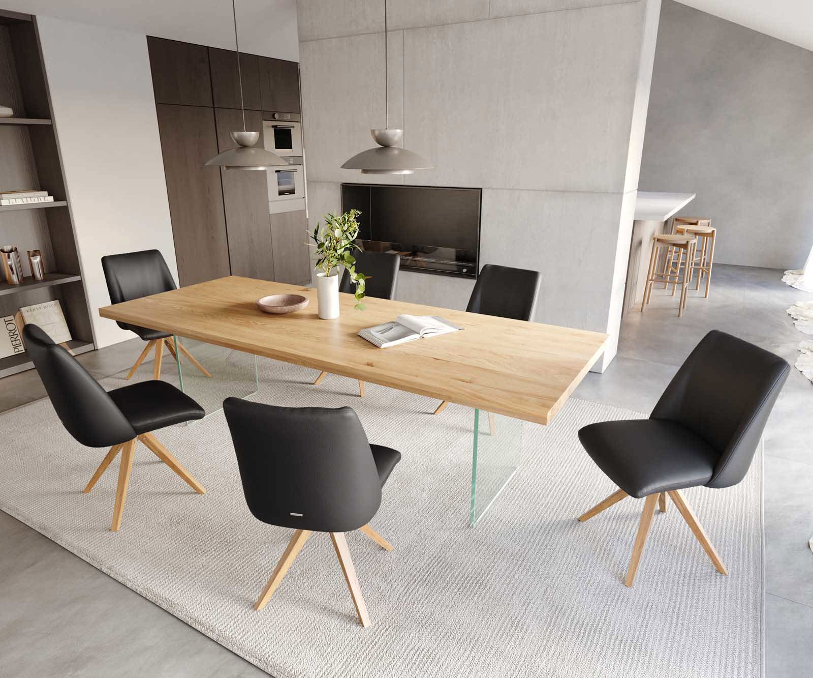 Draaistoel Elso-Flex echt leer zwart houten frame hoekig natuur 180° draaibaar pocketveer kern 4