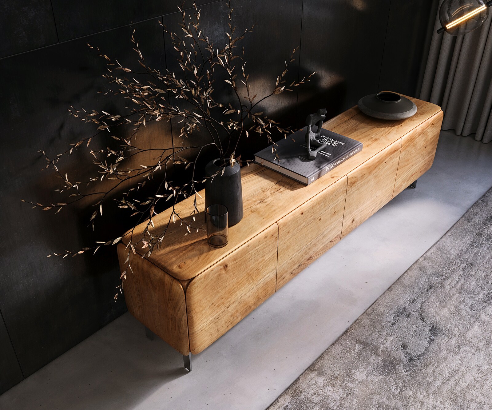 TV-meubel Shavani 200 cm acacia natuur 4 deuren L-poot RVS zilver 4