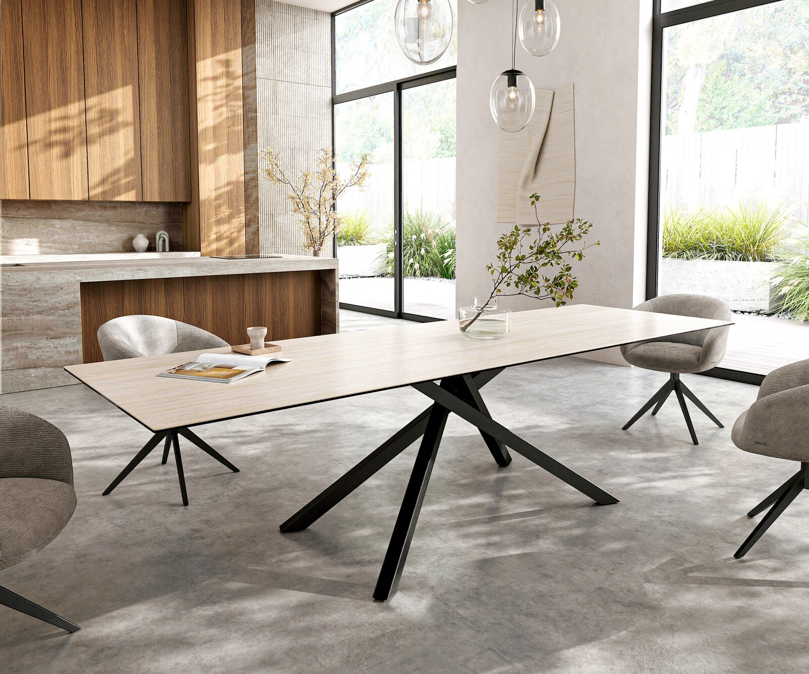 Eetkamertafel Edge 300x100 cm Keramiek Laminam®Travertino Bianco Creme-Wit kruisonderstel Rechthoek Zwart 1