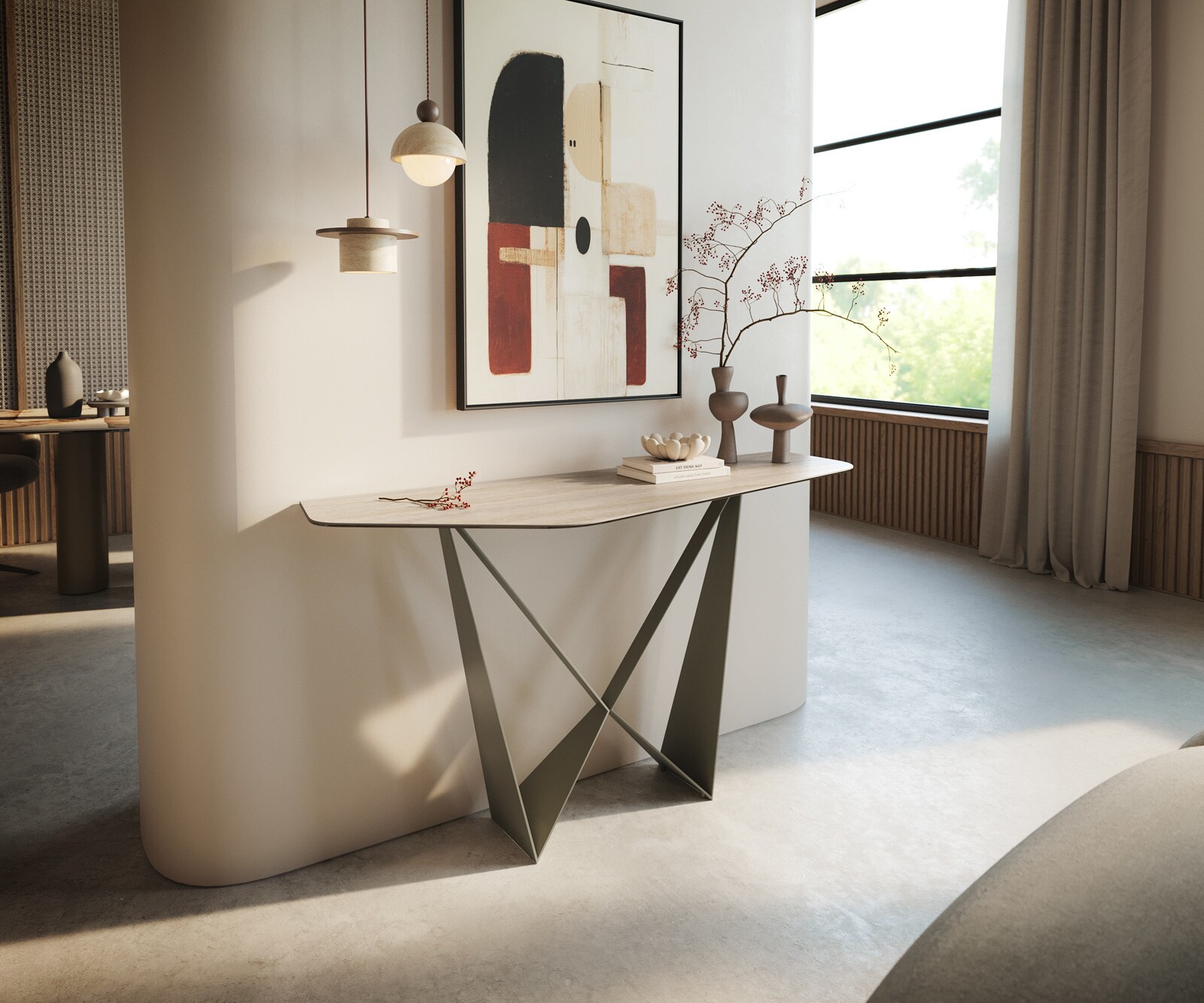 Consoletafel Edge Polygonaal 140x50 cm Keramiek Laminam® Travertino Bianco Creme-Weiß Spios Metaal Effektfinish Titan 1