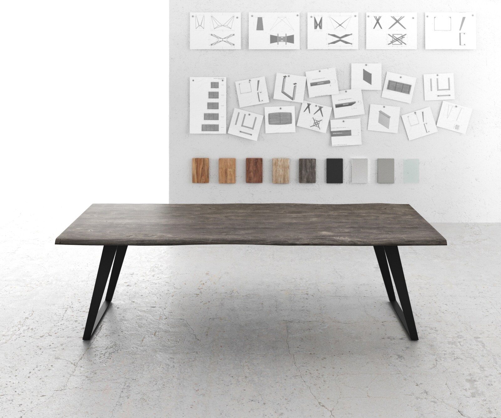 Eettafel Edge 260x100 acacia platina metaal schuin Live-Edge 1 Eettafel Edge 260x100 acacia platina metaal schuin Live-Edge 1