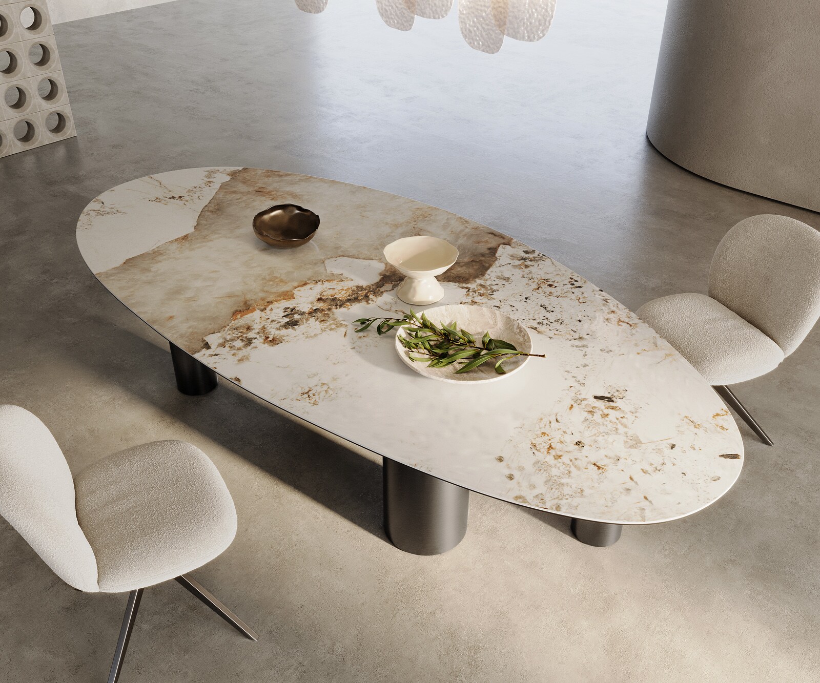 Eetkamertafel Edge ovaal 280x130 keramiek Minas Melange wit-Beige Pilier roestvrij staal grafiet 1