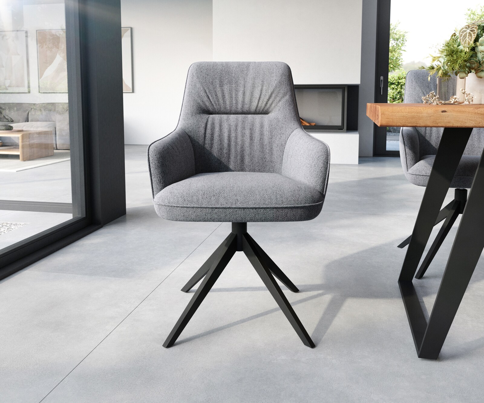 Eetkamerstoel Zelia-Flex met armleuning structuurstof lichtgrijs kruisframe breed zwart pocketveer kern 1 Eetkamerstoel Zelia-Flex met armleuning structuurstof lichtgrijs kruisframe breed zwart pocketveer kern 1