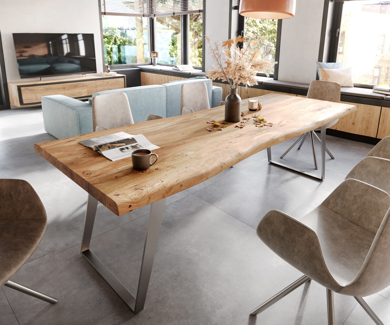 Eettafel Edge 280x100 XL acacia natuur roestvrij staal  schuin Live-Edge 1