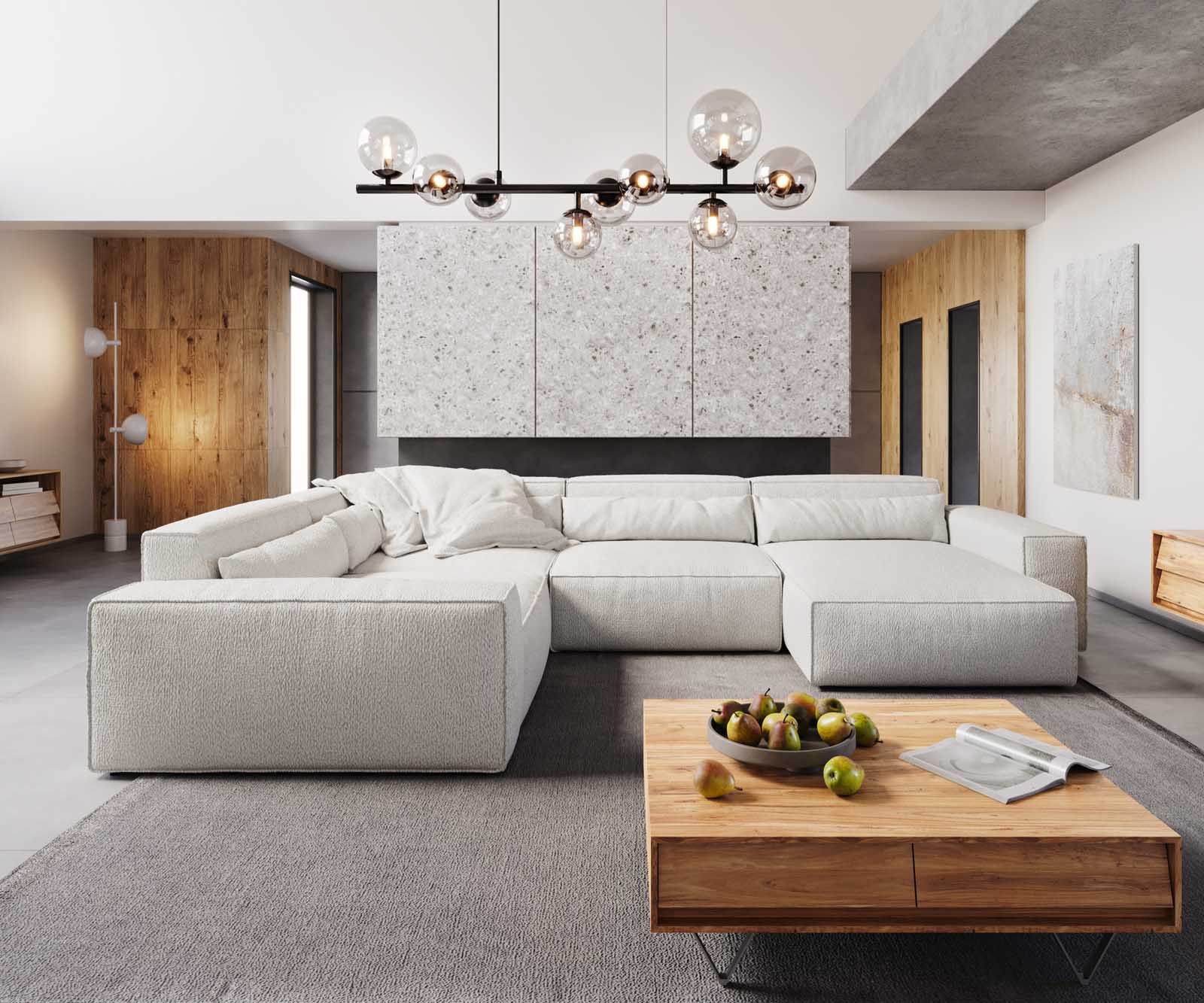 Woonkamer landschap Sirpio XL 360x260 cm bouclee crème-wit recamiere variabele 2