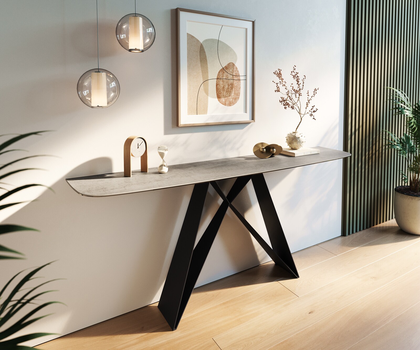 Consoletafel Edge Bootvorm 180x40 cm Keramiek Betongrijs Velio Metaal Zwart 1