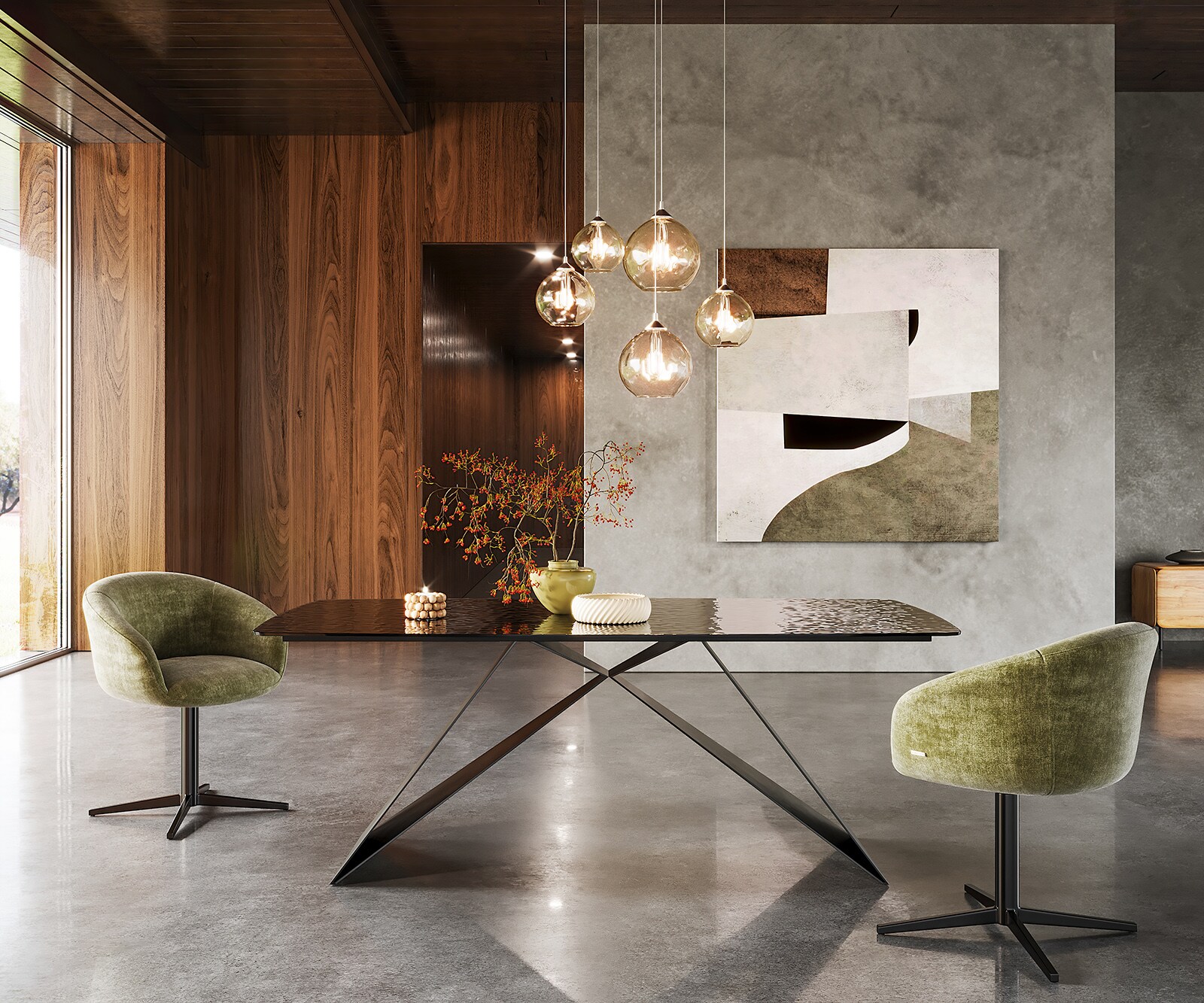 Eetkamertafel Edge Boot 200x100 Glas smelten rokerig zwart 3D-Relief V-frame vlak staal zwart 1