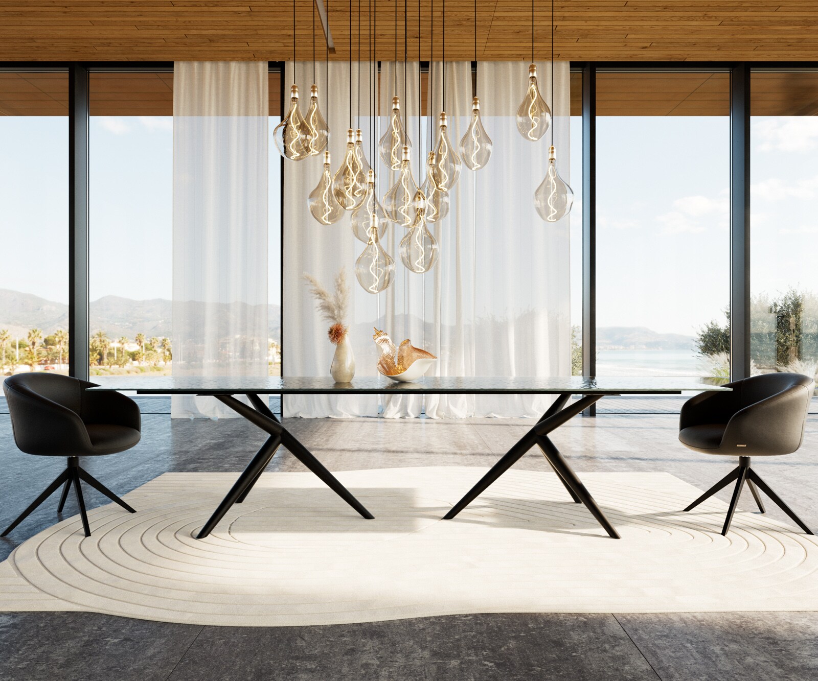 Eettafel Edge 300x100 Reliefglas zwart 3D-Design Estelar rond  metaal zwart 1