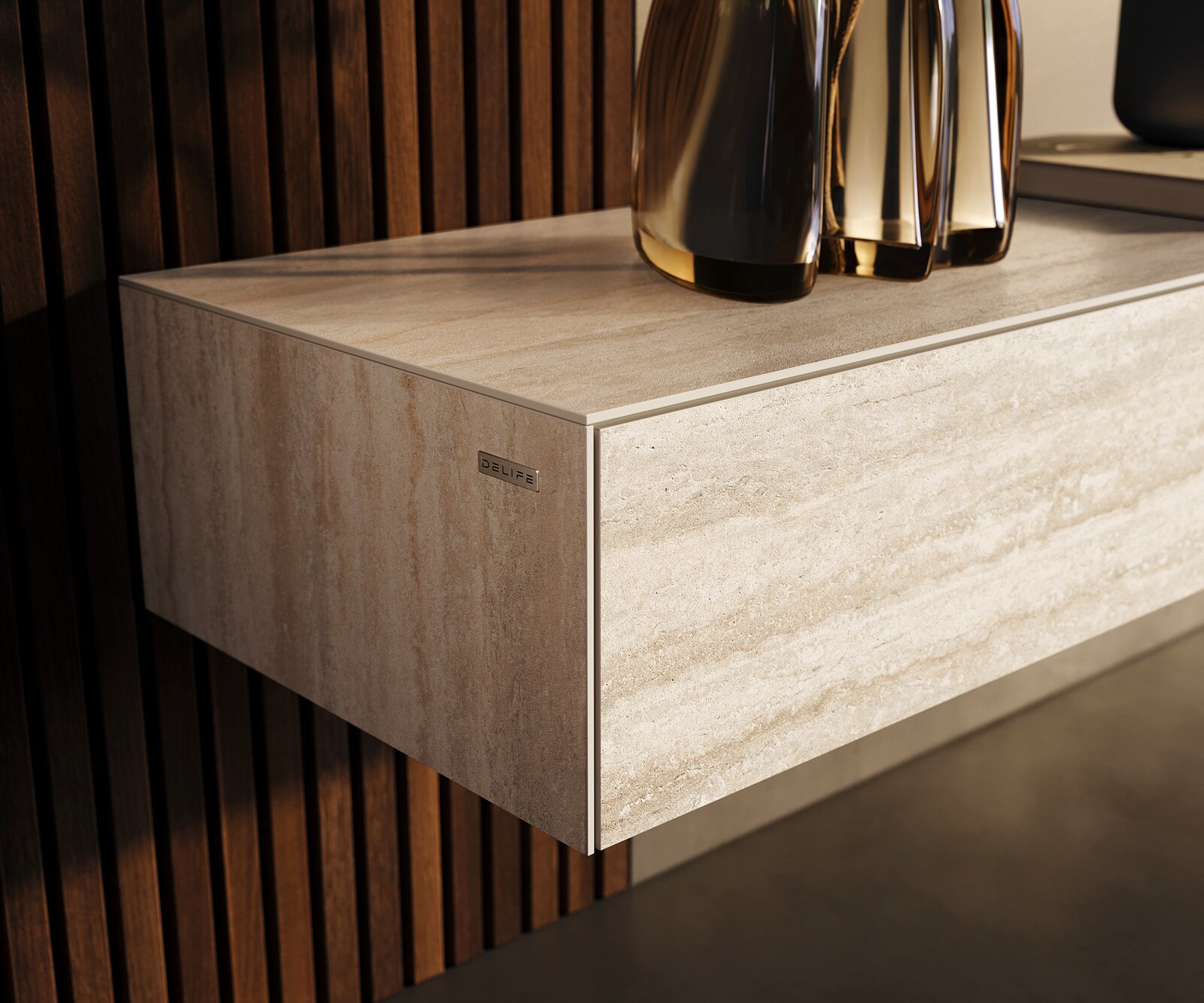 Tv-meubel Cuor 200 cm Keramiek Laminam® Travertino Bianco Crème-wit 1 Flap 1 Lade Zwevend 7