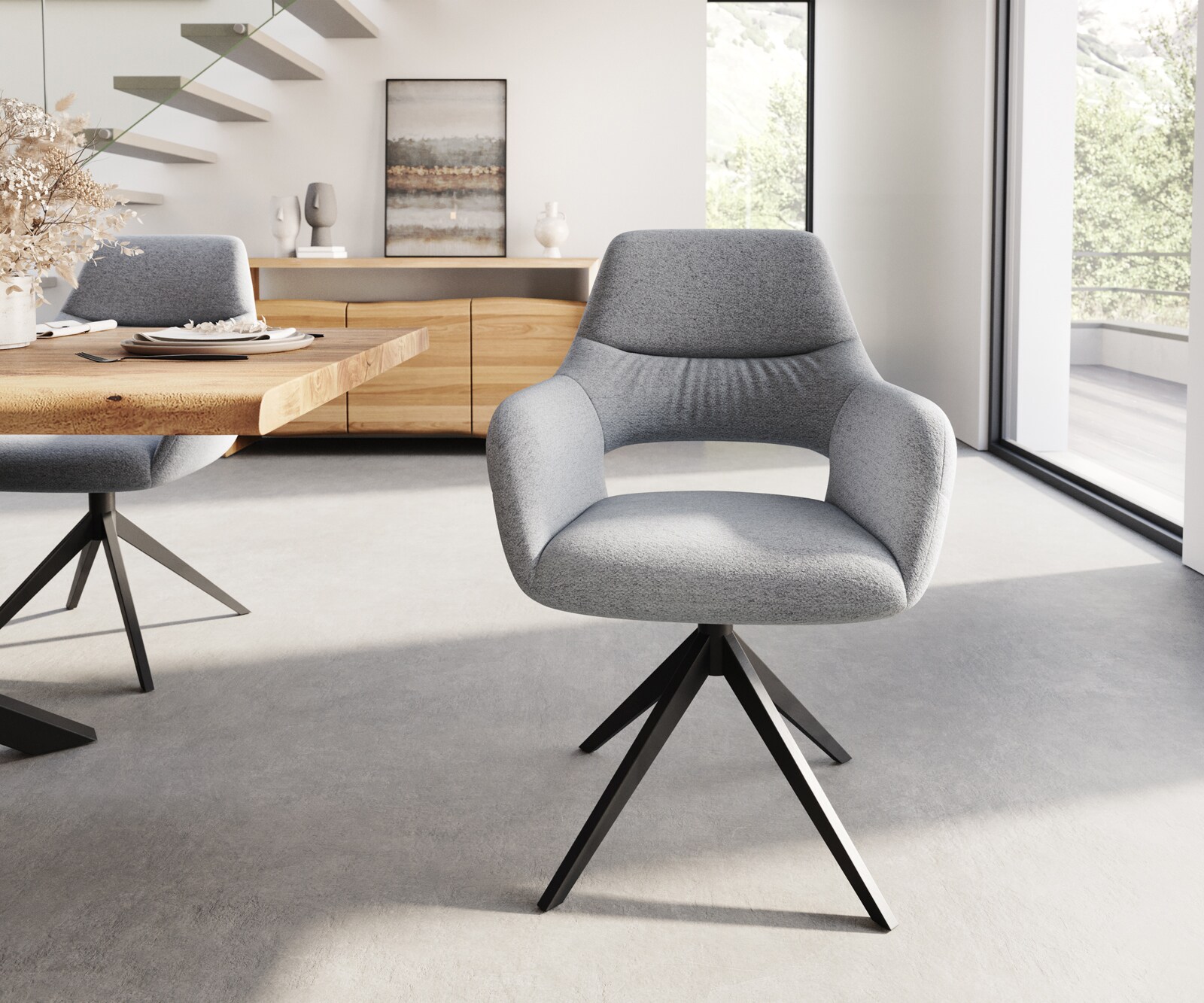 Eetkamerstoel Yago-Flex met armleuning structuurstof lichtgrijs kruisframe breed zwart pocketveer kern 1 Eetkamerstoel Yago-Flex met armleuning structuurstof lichtgrijs kruisframe breed zwart pocketveer kern 1