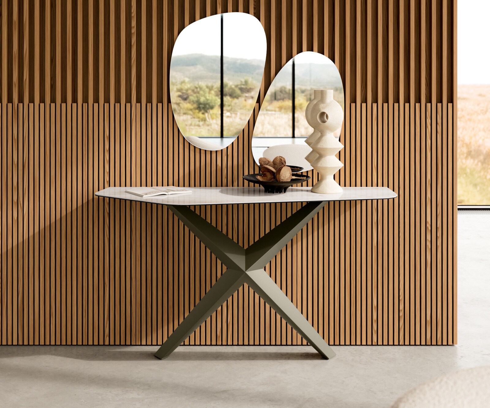 Consoletafel Edge Polygonaal 140x50 cm Keramiek Onyx Champagne Zentharo Metaal Effektfinish Titan 1