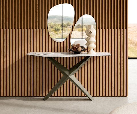 Consoletafel Edge Polygonaal 140x50 cm Keramiek Onyx Champagne Zentharo Metaal Effektfinish Titan