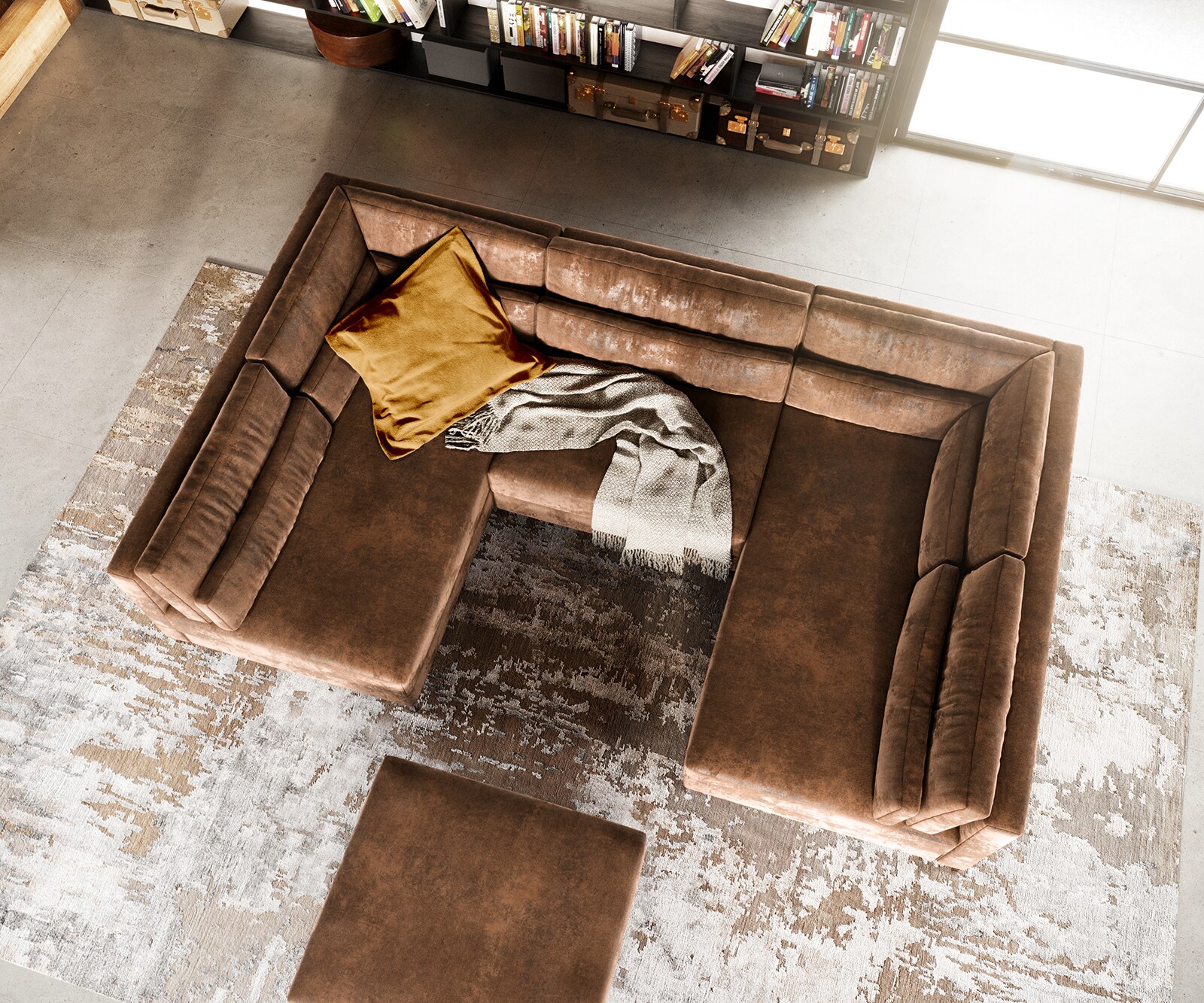 Woonlandschap Elio 300x185 cm kunstleer vintage bruin met poef 3