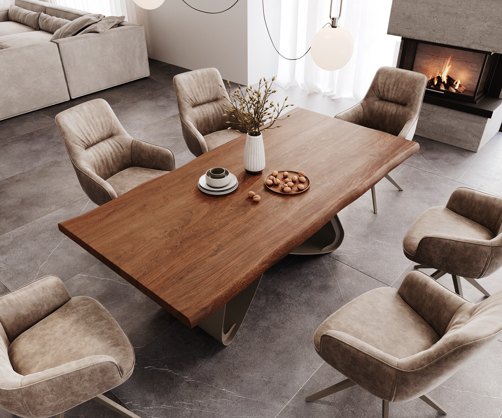 Eetkamertafel Edge 200x100 XL acacia bruin W-frame metaal effectafwerking titaan Live-Edge 4