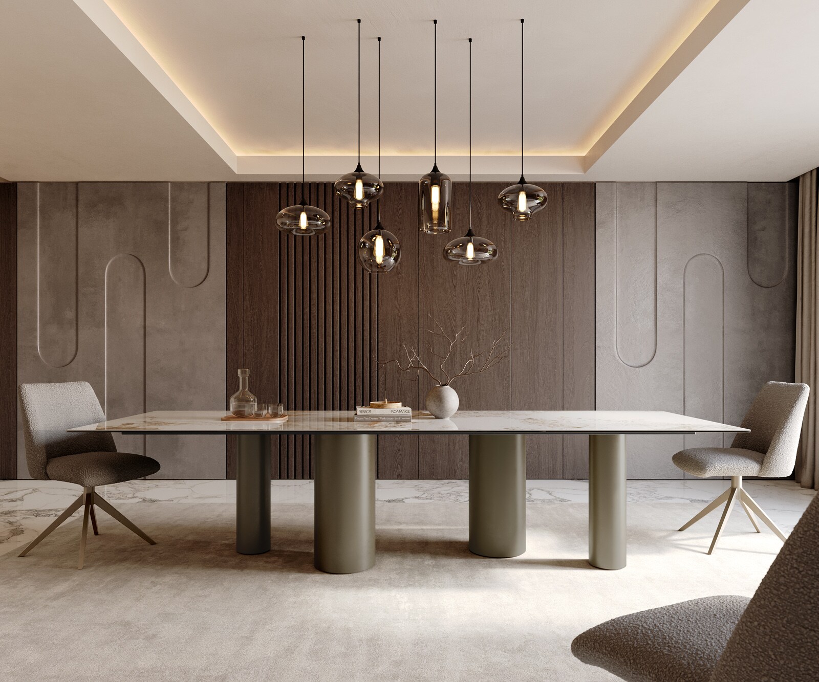 Eetkamertafel Edge 300x100 keramiek Minas Melange wit-Beige Pilier metaal effectafwerking titaan 2