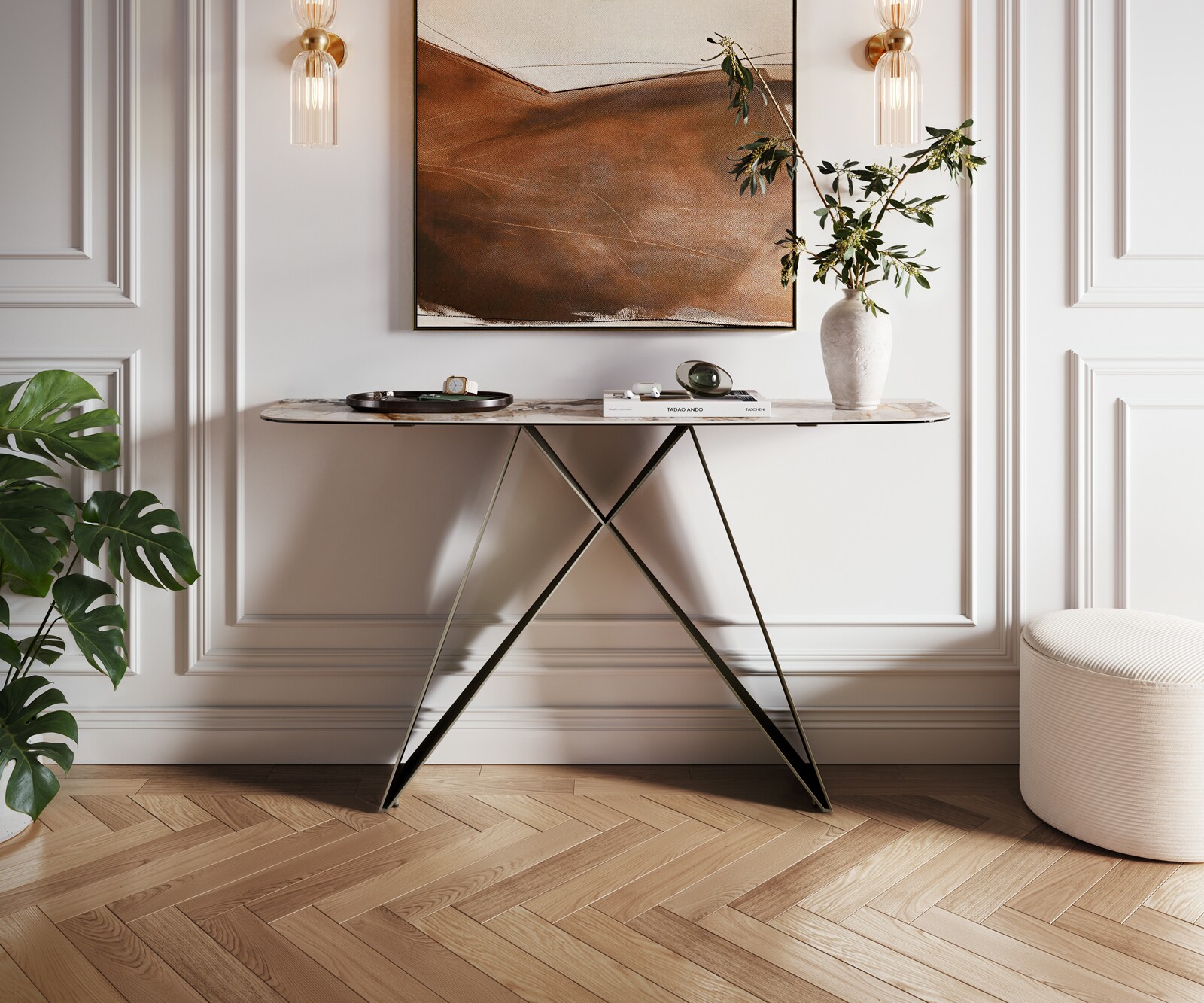 Consoletafel Edge Bootvorm 140x40 cm Keramiek Patagonia Poliert Velio Metaal Effektfinish Titan 2