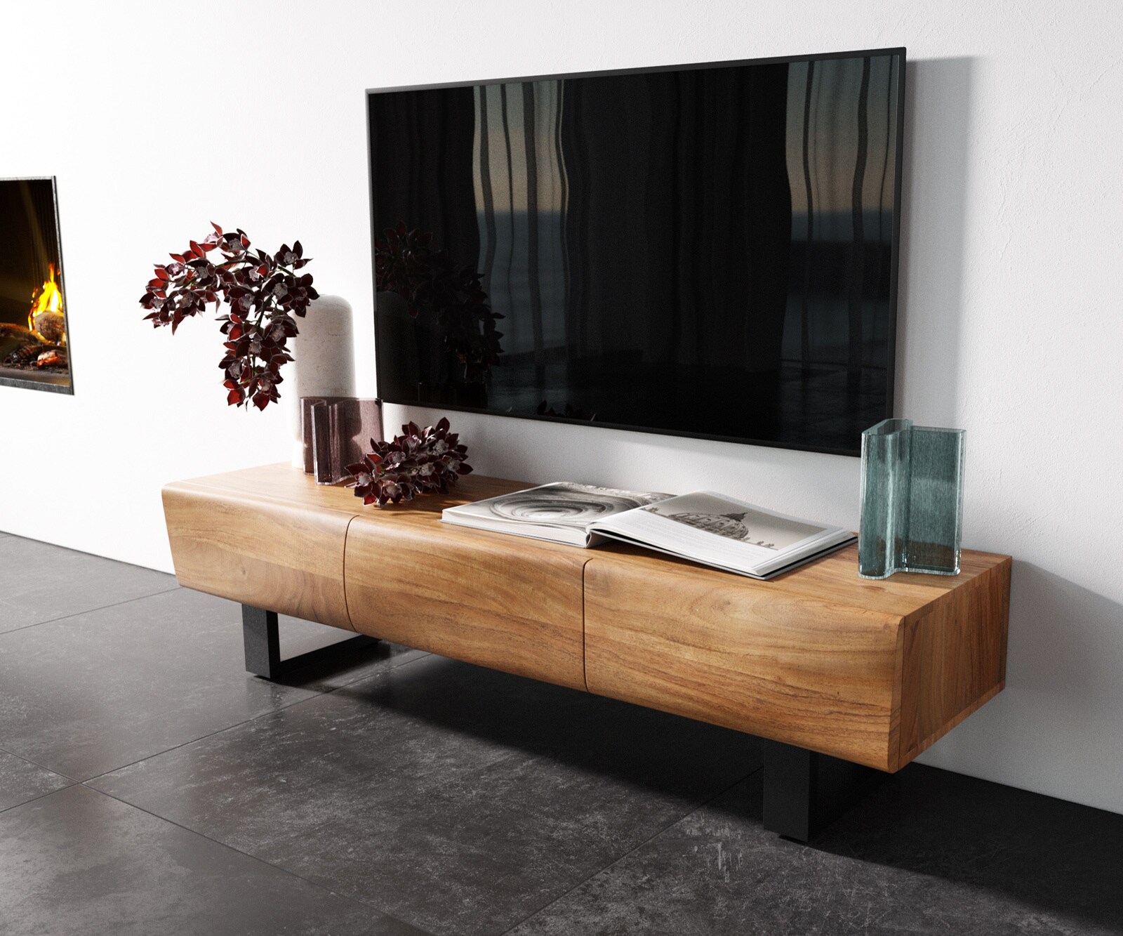 TV-meubel New Live-Edge 145 cm acacia natuur 3 deuren met metalen sledepoten zwart