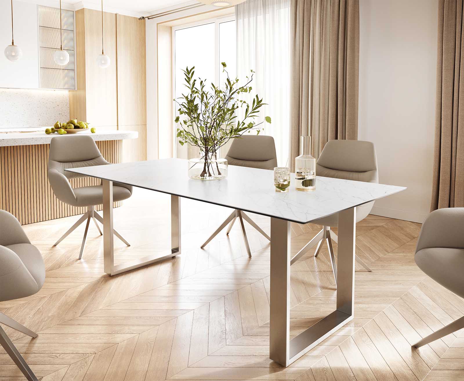 Eettafel Edge 200x100 keramiek Laminam® Statuarietto wit roestvrij staal smal