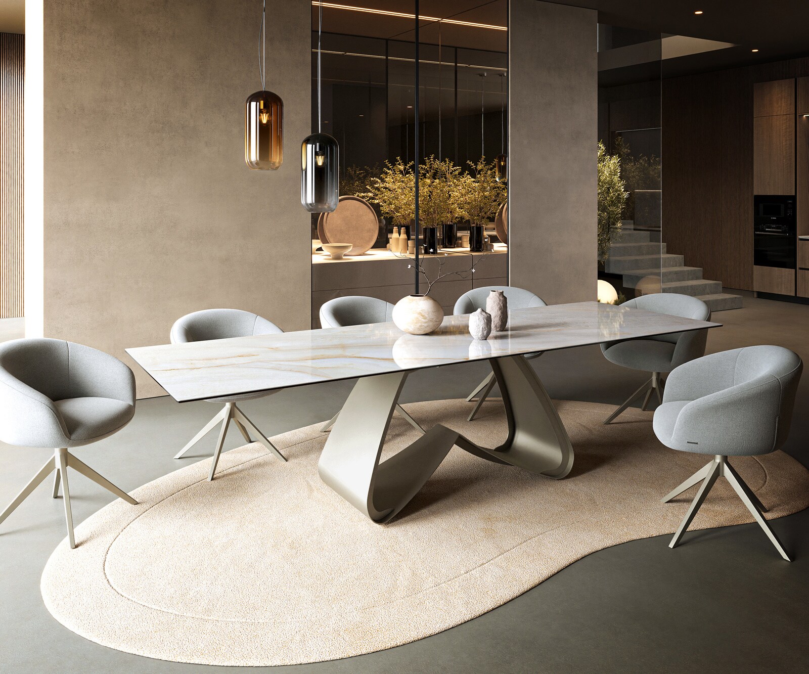 Eettafel Edge 300x100 cm keramiek Onyx Pearl W-onderstel metaal effectfinish titan 6