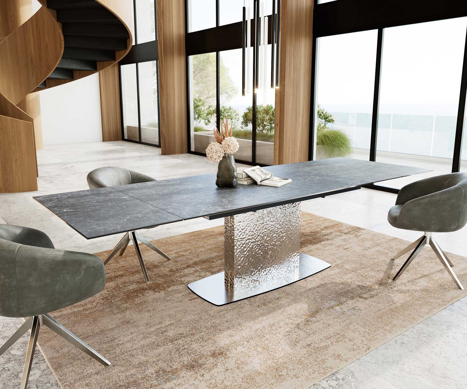 Eetkamertafel Edge 200-300x100 keramiek Laminam®Nero Greco grijs Wave RVS uitschuifbaar 5