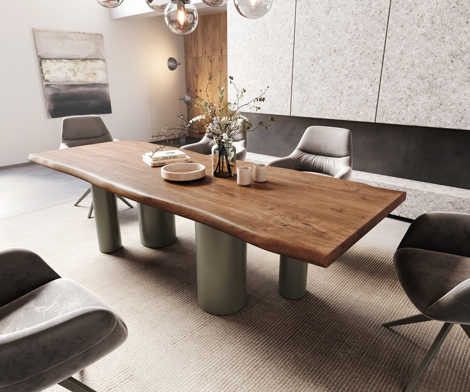 Eetkamertafel Edge 260x100 XL acacia bruin Pilier metaal effectafwerking titaan Live-Edge 1