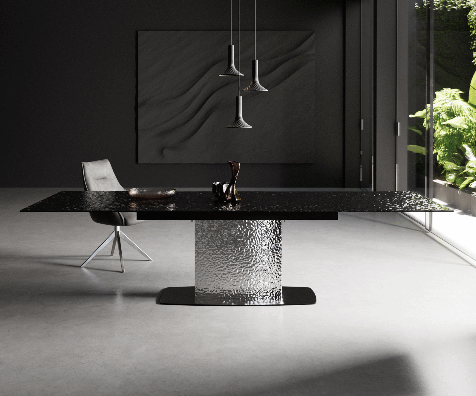 Eetkamertafel Edge 200-300x100 Glas smelten rokerig zwart 3D-Relief Wave RVS uitschuifbaar 2