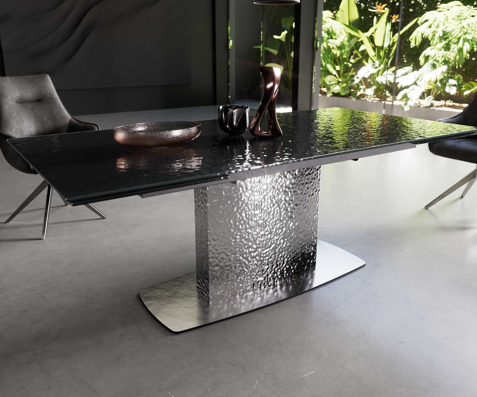 Eetkamertafel Edge 200-300x100 Glas smelten rokerig zwart 3D-Relief Wave RVS uitschuifbaar 5