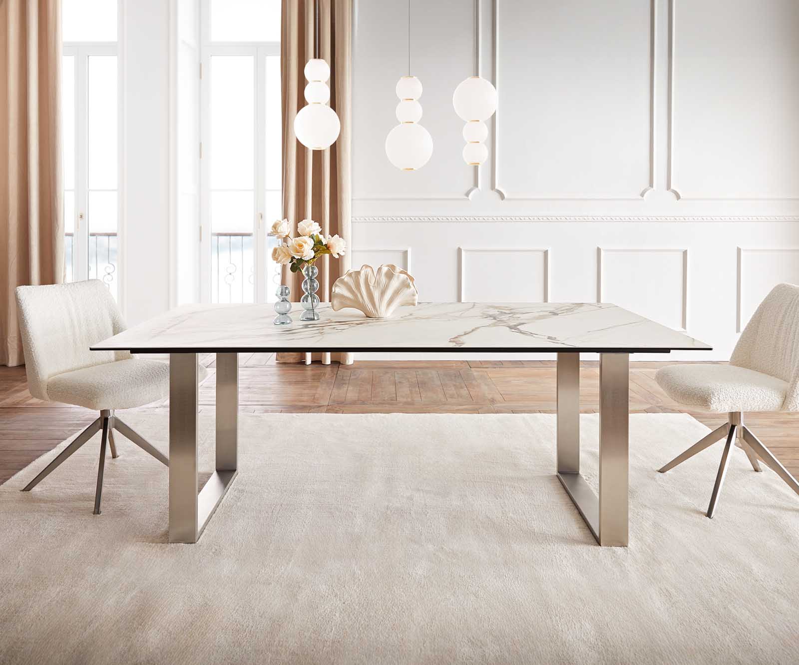 Eetkamertafel Edge 200x100 keramiek Calacatta Luxe wit-goud-grijs RVS Schmal
