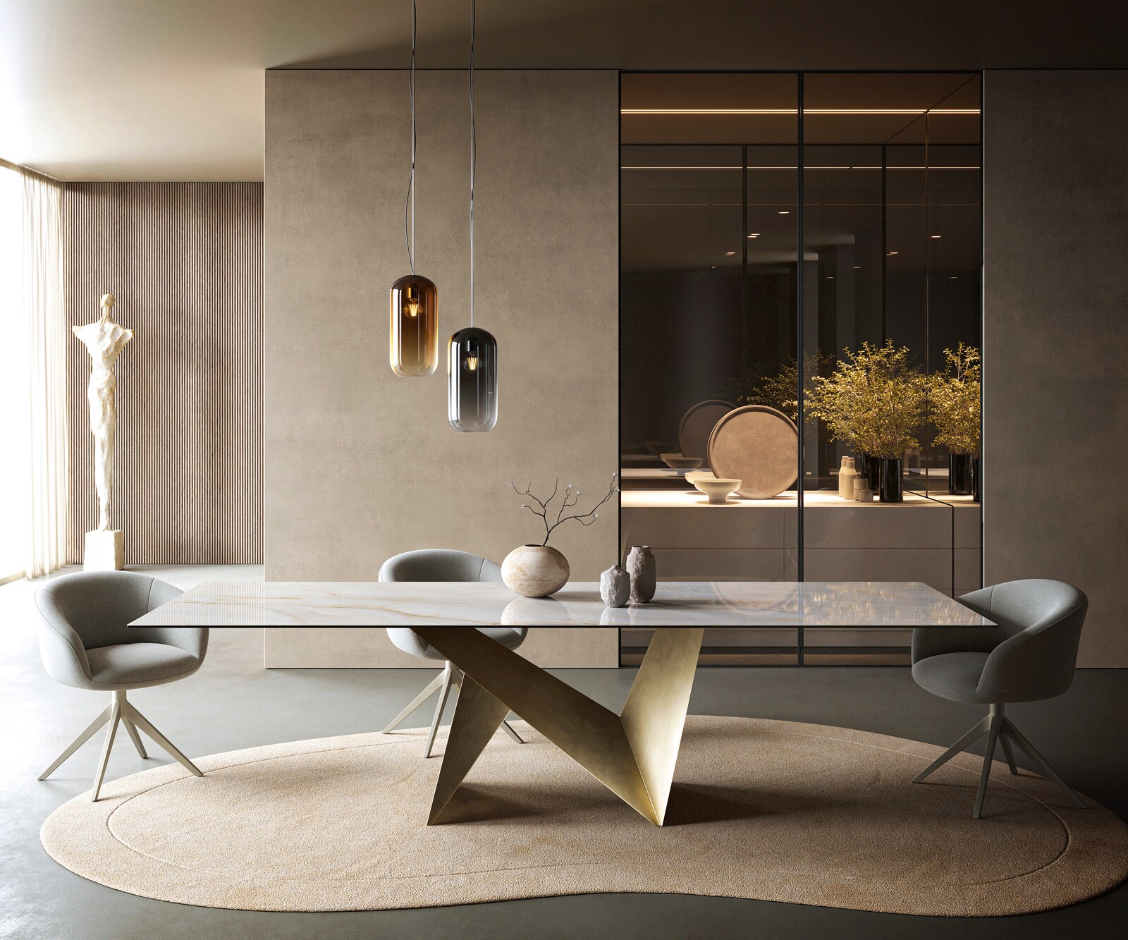 Eettafel Edge 300x100 cm keramiek Onyx Pearl Origami metallic goud 1