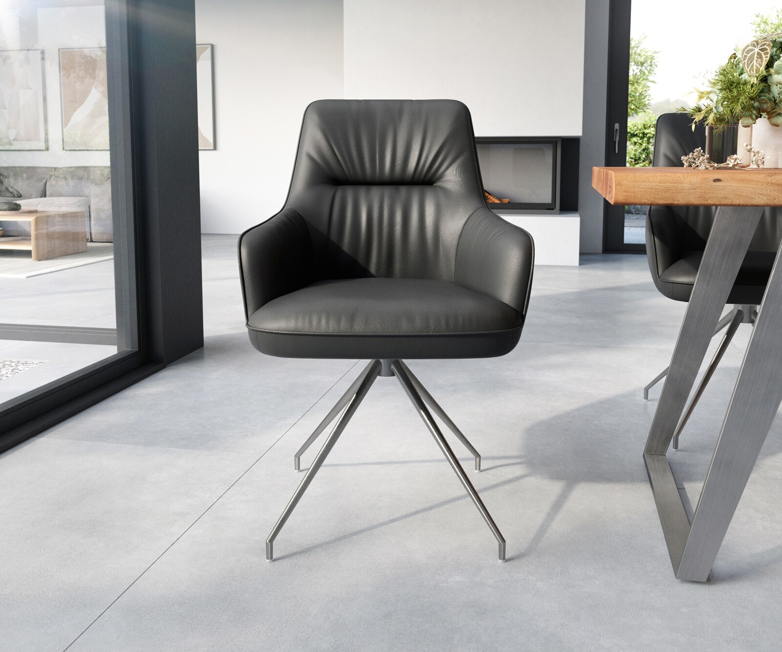 Eetkamerstoel Zelia-Flex met armleuning echt leer zwart kruisframe conisch roestvrij staal pocketveer kern 1 Eetkamerstoel Zelia-Flex met armleuning echt leer zwart kruisframe conisch roestvrij staal pocketveer kern 1