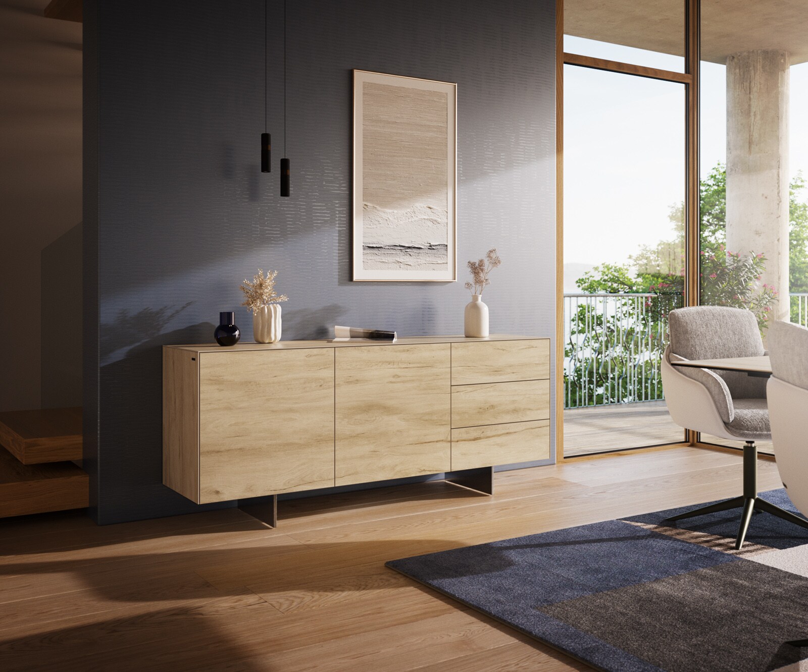 Dressoir Cuor 180 cm Keramiek Laminam® Sabbia Eiken gekleurd 2 Deuren 3 Laden Zwevende voet look Roestvrij staal