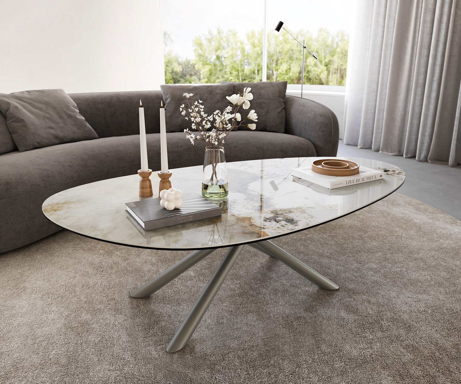 Salontafel Edge Oval 140x75 cm keramiek Minas Melange Sarity Metall effectafwerking titaan 1